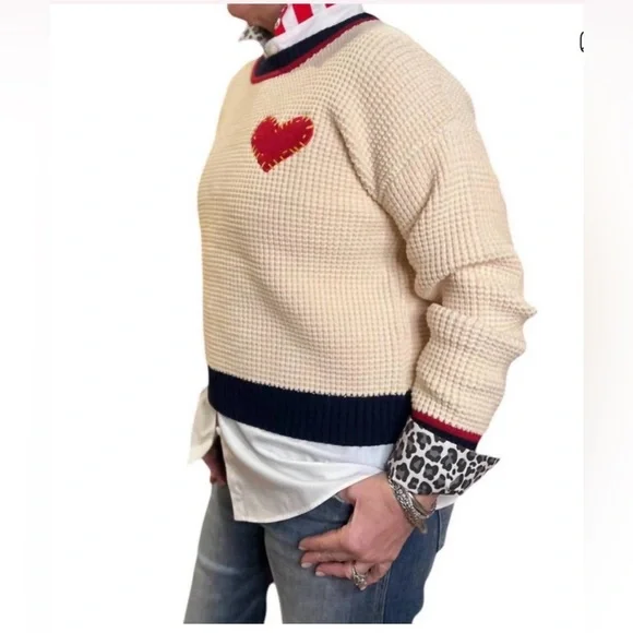 CENTRAL PARK WEST love heart waffle crew neck graphic embroidered sweater - Picture 2 of 9